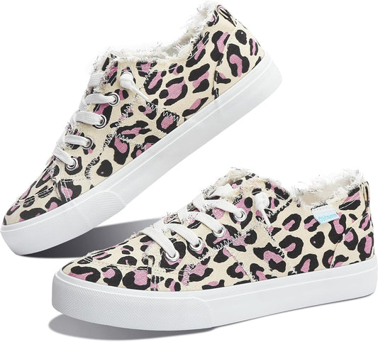 Women'S Play Fashion Sneaker White Color Washed and Leopard Canvas Slip on Shoes