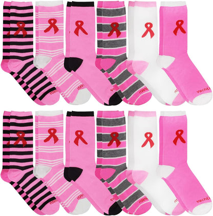 12 Pack Pink Ribbon Breast Cancer Awareness Ankle/Crew Socks for Women