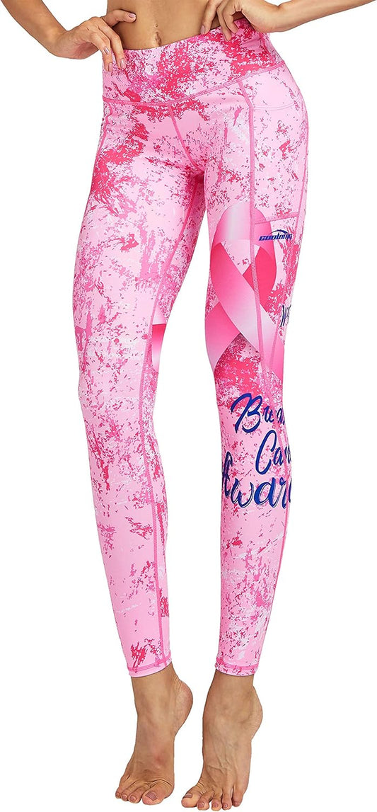 Women Leggings Breast Cancer Awareness Yoga Pants Pink Ribbon Tights with Side Pockets