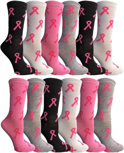 12 Pairs of Pink Ribbon Breast Cancer Awareness Ankle/Crew Socks for Women (12 Pairs Assorted (Crew) Women (9-11))