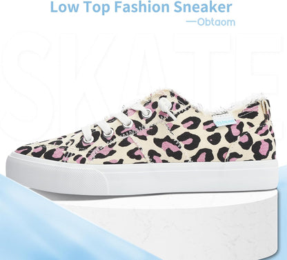 Women'S Play Fashion Sneaker White Color Washed and Leopard Canvas Slip on Shoes