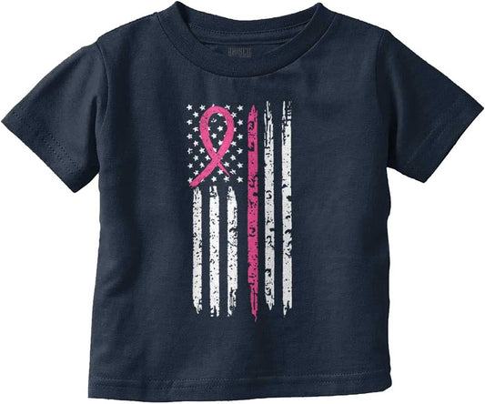 Breast Cancer Pink Line American Flag Toddler Boy Girl T Shirt