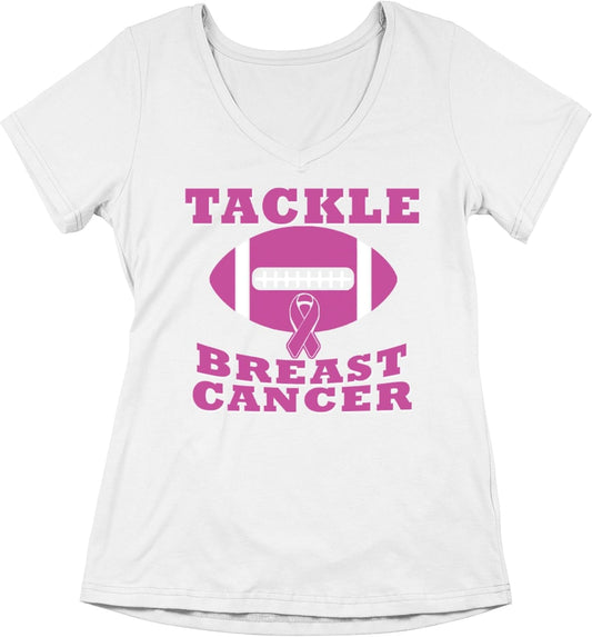 Tackle Breast Cancer V Neck Shirts October Awareness Family Support Gift for Women V-Neck