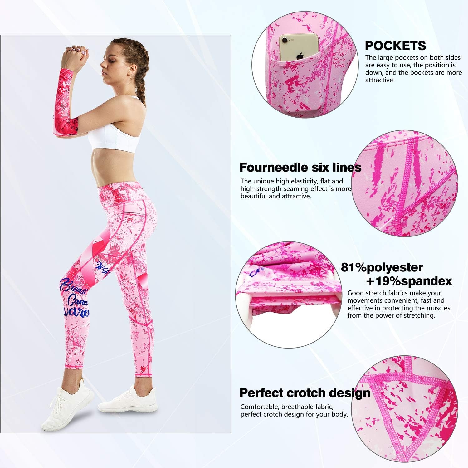 Women Leggings Breast Cancer Awareness Yoga Pants Pink Ribbon Tights with Side Pockets