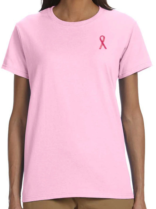 Womens Breast Cancer Sequin Ribbon Cotton Tee - Light Pink, Extra Small