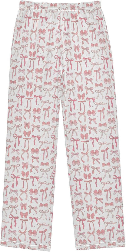Pajama Pants Pink Ribbon Bow Doodle Casual Comfy Lounge Sleepwear Bottoms with Pockets, M