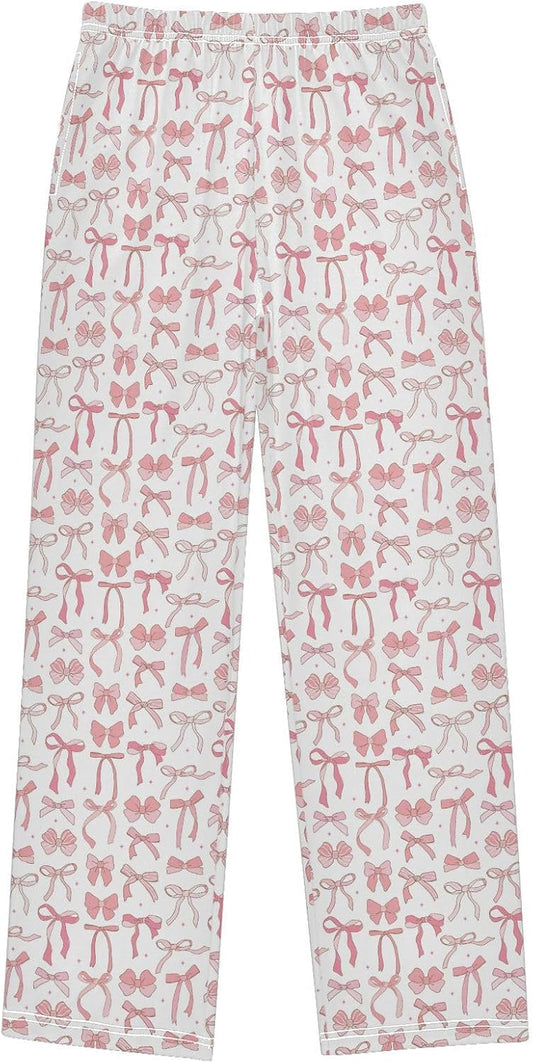 Pajama Pants Pink Ribbon Bow Doodle Casual Comfy Lounge Sleepwear Bottoms with Pockets, M