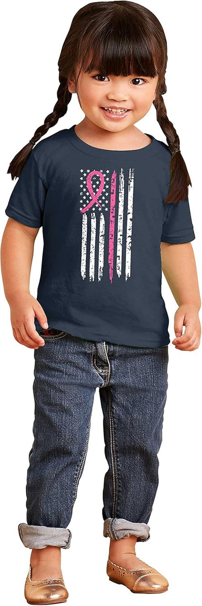 Breast Cancer Pink Line American Flag Toddler Boy Girl T Shirt
