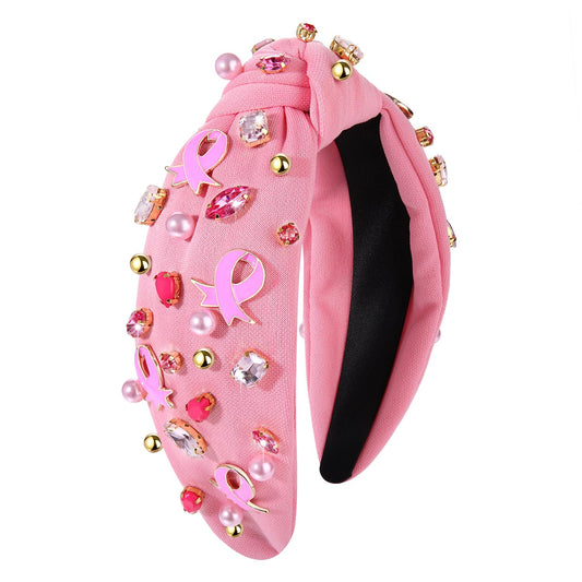 Pink Knotted Headband Sparkly Rhinestone Breast Cancer Awareness Knot Headband Crystal Jeweled Pink Ribbon Fright Beaded Twist Hairband Headpiece Breast Cancer Awareness Hair Accessories Gift For