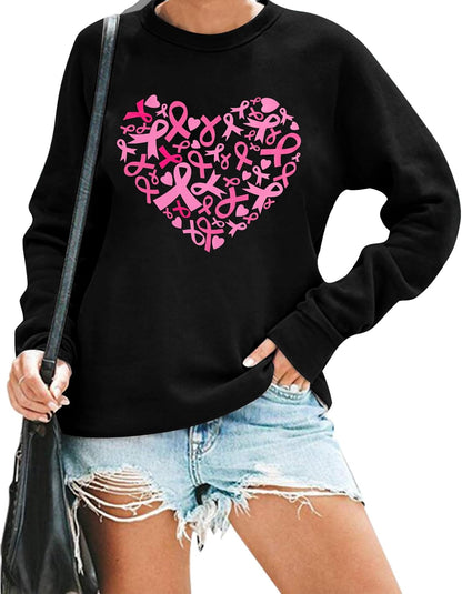 Breast Cancer Awareness Sweatshirt Women Pink Ribbon Heart Graphic Shirt Casual Long Sleeve Pullover Blouse