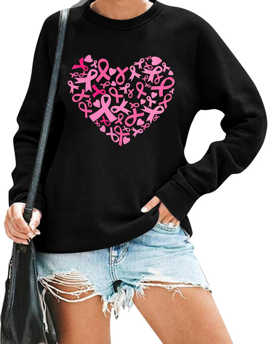 Breast Cancer Awareness Sweatshirt Women Pink Ribbon Heart Graphic Shirt Casual Long Sleeve Pullover Blouse