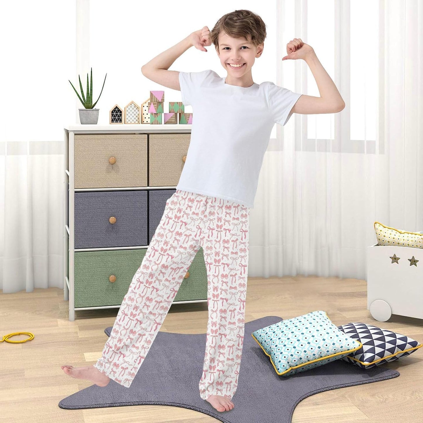 Pajama Pants Pink Ribbon Bow Doodle Casual Comfy Lounge Sleepwear Bottoms with Pockets, M