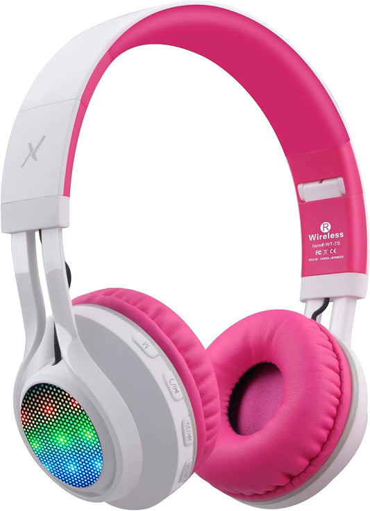 WT-7S Bluetooth Headphones Light Up, Foldable Stero Wireless Headset with Microphone and Volume Control for Pc/Tablet/Tv/Travel (Pink)