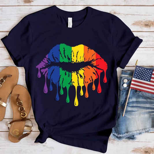 Funny Lgbt Pride Rainbow Lips Print T-Shirt Summer Casual Graphic T Shirt Women Men Short Sleeve round Neck Shirts