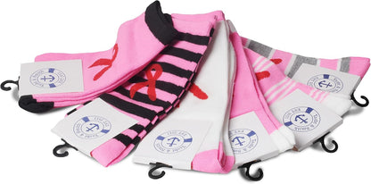 12 Pack Pink Ribbon Breast Cancer Awareness Ankle/Crew Socks for Women