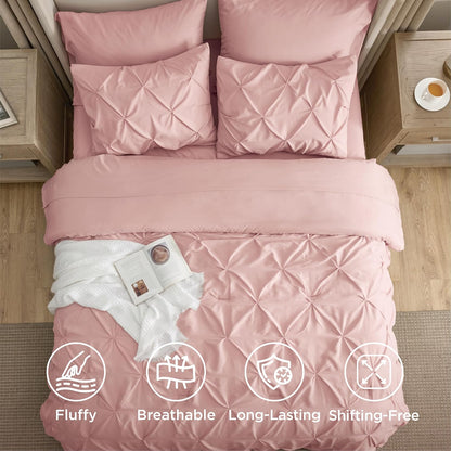 King Size Comforter Set Pink - Bed in a Bag King Size 7 Pieces, Gentlesoft™ Pintuck Bed Set Gift for Family, Pinch Pleat Pink Comforter with Sheets, Pillowcases & Shams