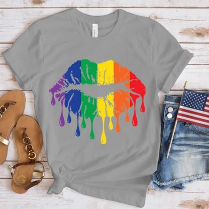 Funny Lgbt Pride Rainbow Lips Print T-Shirt Summer Casual Graphic T Shirt Women Men Short Sleeve round Neck Shirts