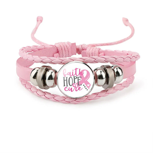 Breast Cancer Awareness Hope Bracelet for Women Pink Ribbon Charm Braided Leather Rope Wrap Bangle Fashion Handmade Jewelry