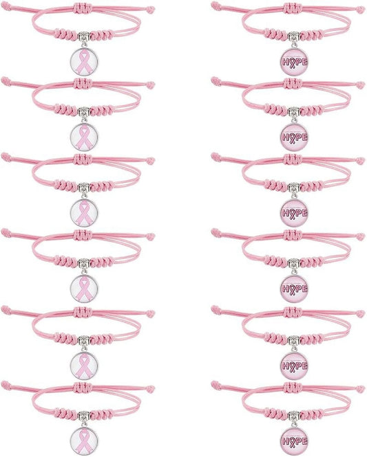 12Pcs Pink Ribbon Bracelets Breast Cancer Awareness Glass Charms Bracelet Adjustable Bracelet for Women Breast Cancer Awareness Month Accessories Gifts