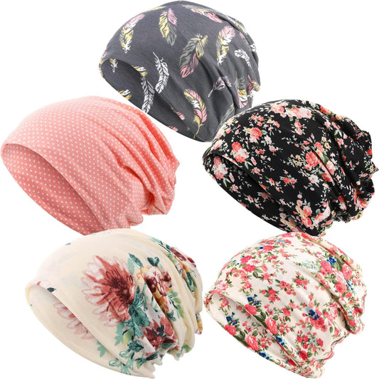5 Pieces Women'S Slouchy Beanie Chemo Hat Stretch Cancer Head Wraps Sleep Head Scarf for Cancer Patient