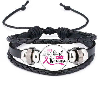Breast Cancer Awareness Hope Bracelet for Women Pink Ribbon Charm Braided Leather Rope Wrap Bangle Fashion Handmade Jewelry