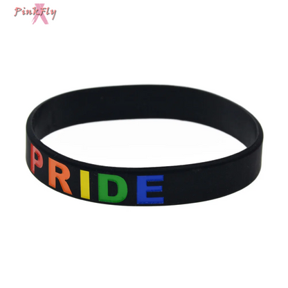 1 PC Rainbow Color Logo Pride Silicone Wristbands 1/2 Inch Wide Bangle Fashion Bracelet for LGBT Black and White